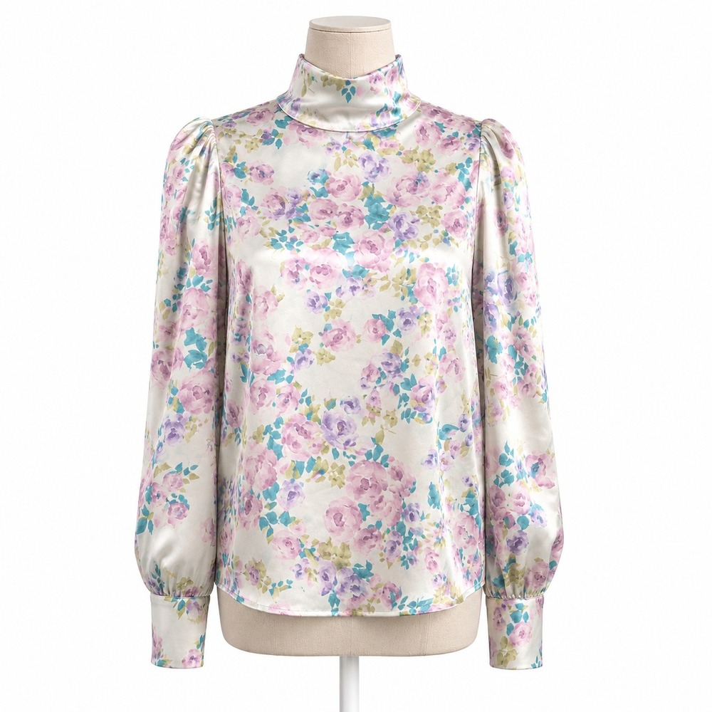 Floral Satin Mock Neck Puff Long Sleeve Top Size M Pink Purple Romantic Coquette